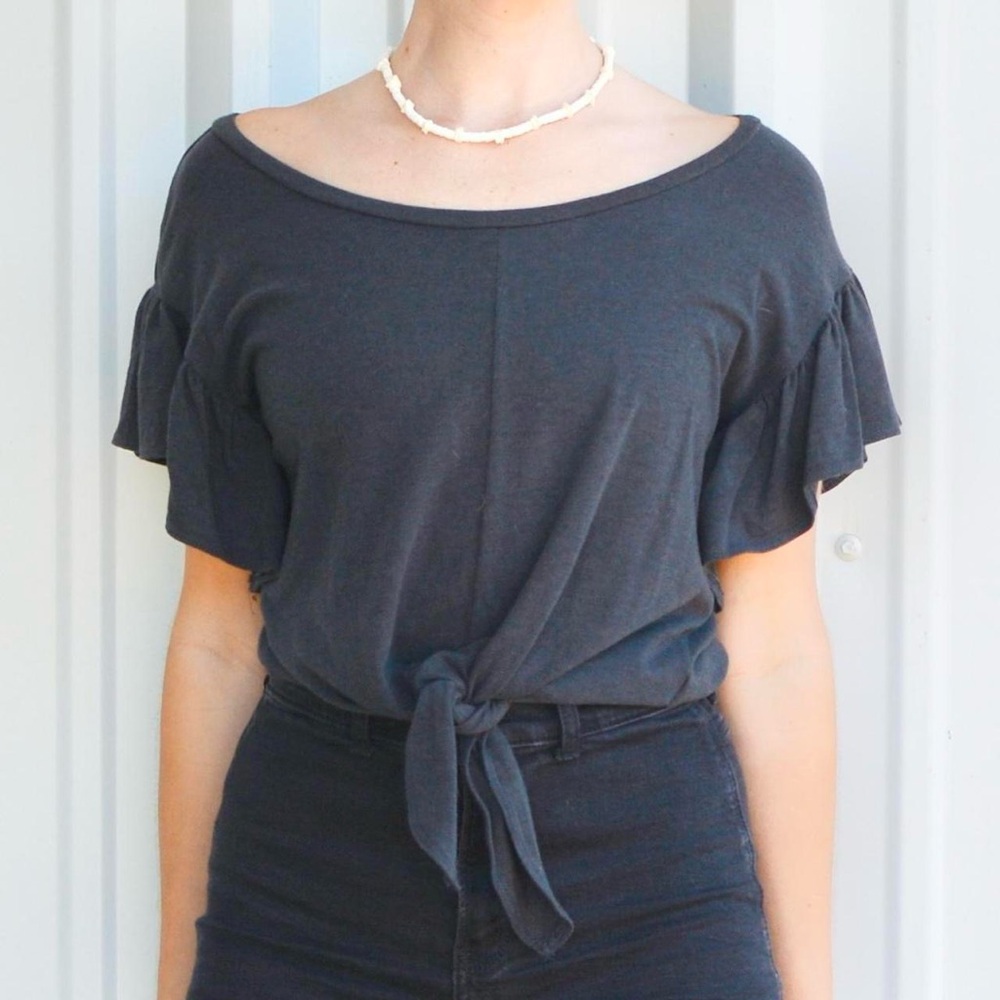 Mossimo Supply Co Dark Gray Crop Top Tie Front Boxy Ruffle Sleeves XS